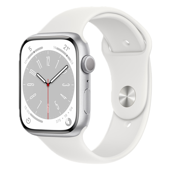 Apple Watch Series 8 45 mm Silver Aluminum Case with White Sport Band (GPS + Cellular) (IWS8GPS45MMSILALWTSP)