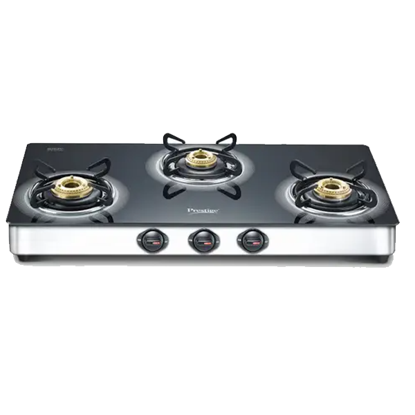 Prestige Royale Plus Toughened Glass Top 3 Burner Manual Gas Stove (Ergonomic Knob, Black, ROYALEPLUSGT03L)