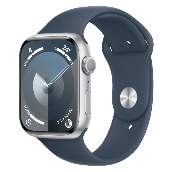 Apple Watch Series 9 GPS Silver Aluminium Case with Sport Band S/M (Storm Blue,45mm, IWS9GPS45MMSIALMR9D3)