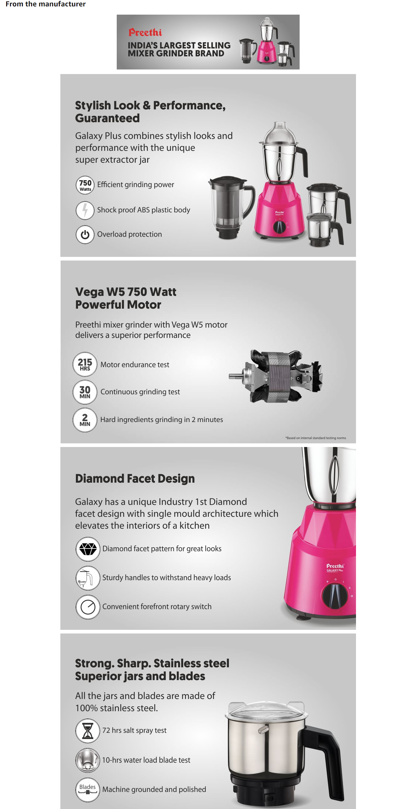 Preethi Galaxy Plus MG 250 - Super Extractor Juicer Jar, Vega W5 Motor, 750 Juicer Mixer Grinder (4 Jars, Pink/Black) (GALAXYPLUS750W)