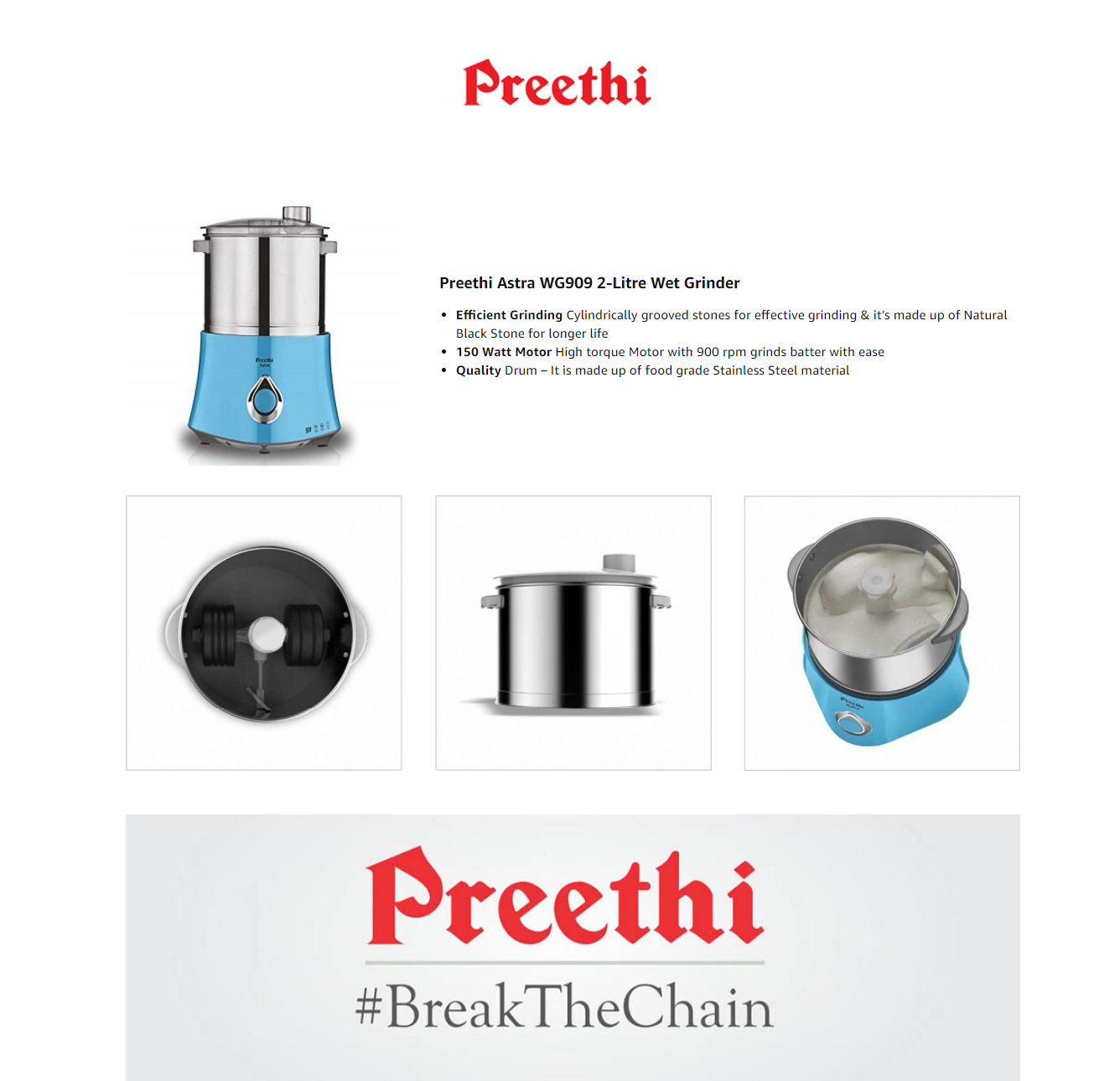 Preethi Astra WG909 2-Litre Wet Grinder (Sky Blue) (PREETHIASTRAEXPERTWG)