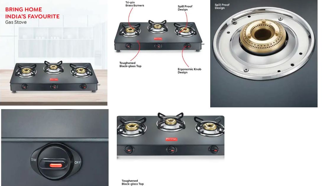 Prestige Magic Plus LP Gas Stove with 3 Brass Burner, Black (3BLPGMAGICPLUS)