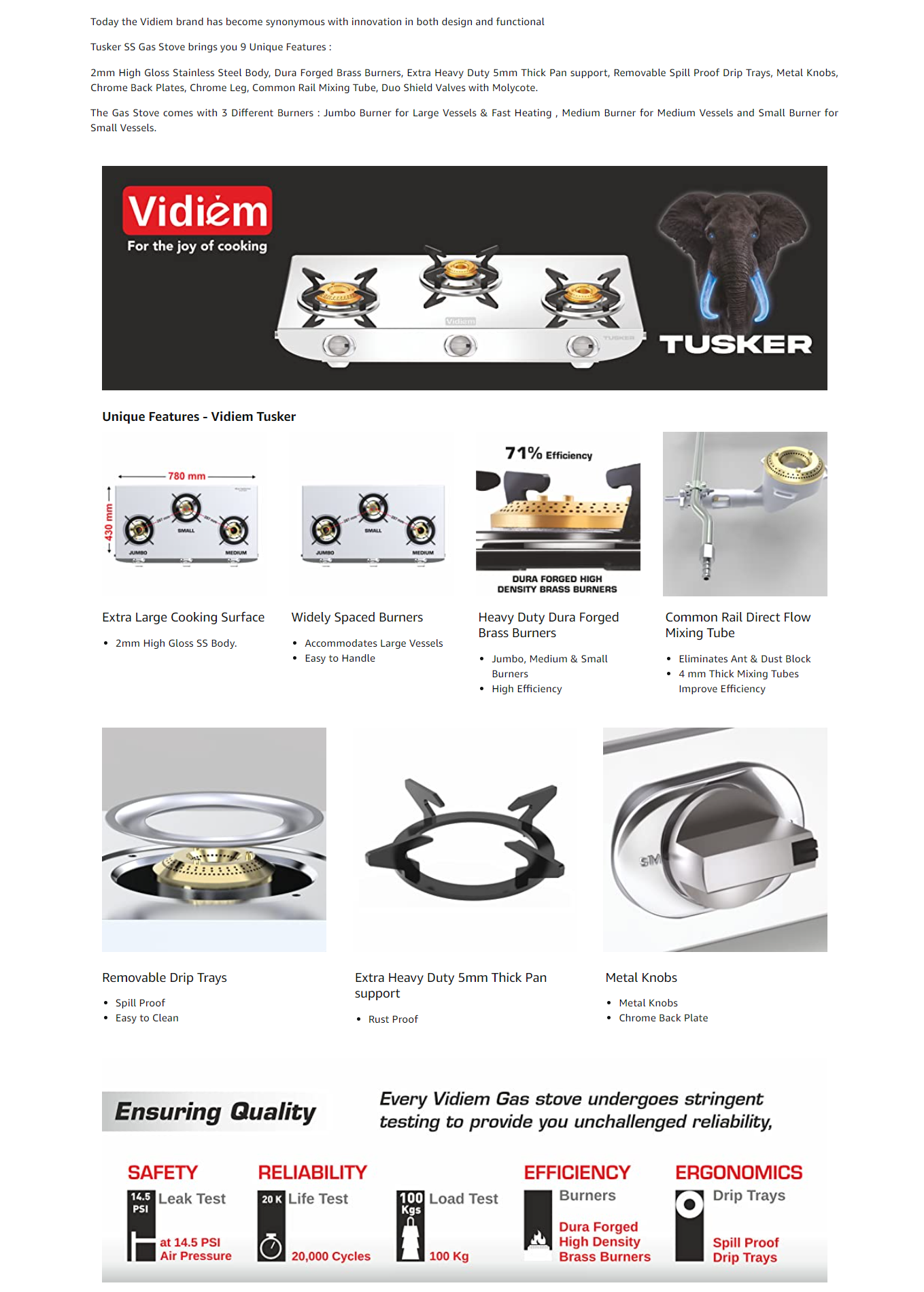 Vidiem GS S3 225 A Tusker 3 Burner SS Gas Stove (VIDIEMTUSKER3B)