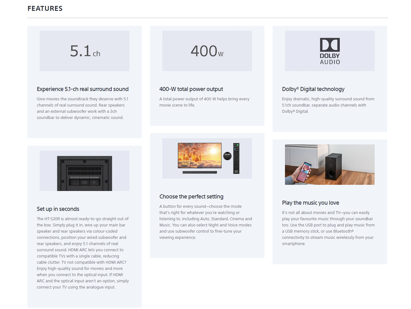 Sony 5.1 Channel Dolby Digital Soundbar Home Theatre System with Bluetooth Connectivity (HTS20)