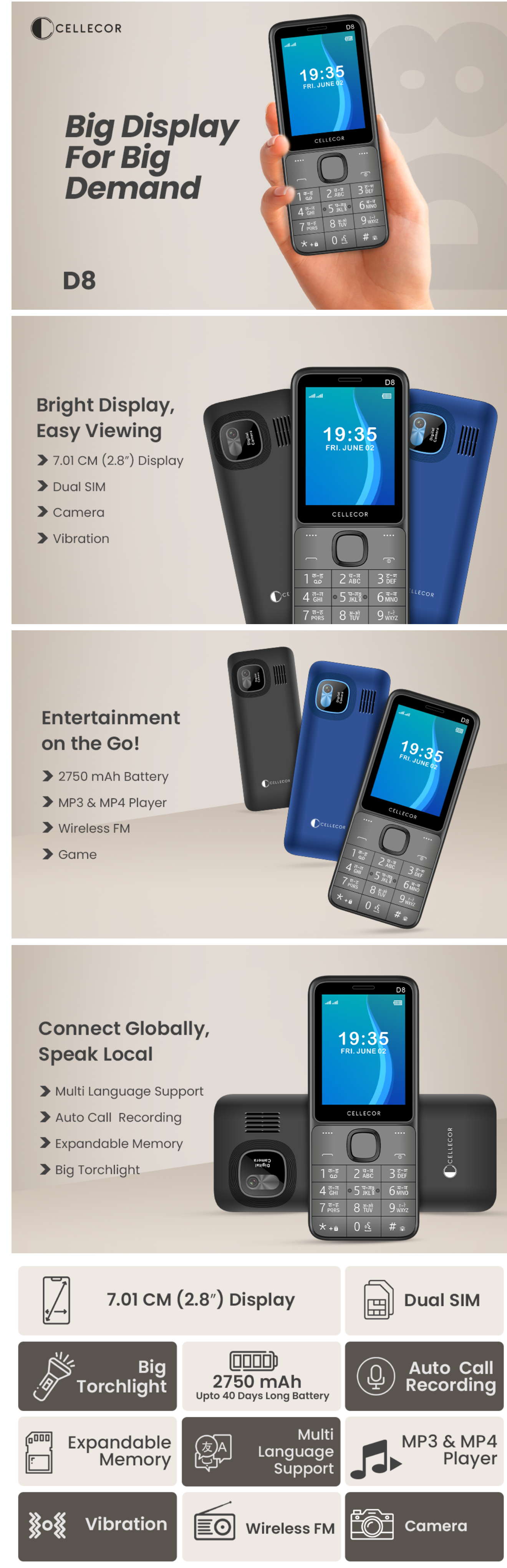 CELLECOR D8 Dual Sim Feature Phone with Big Battery 2750 mAH (CELLD8)