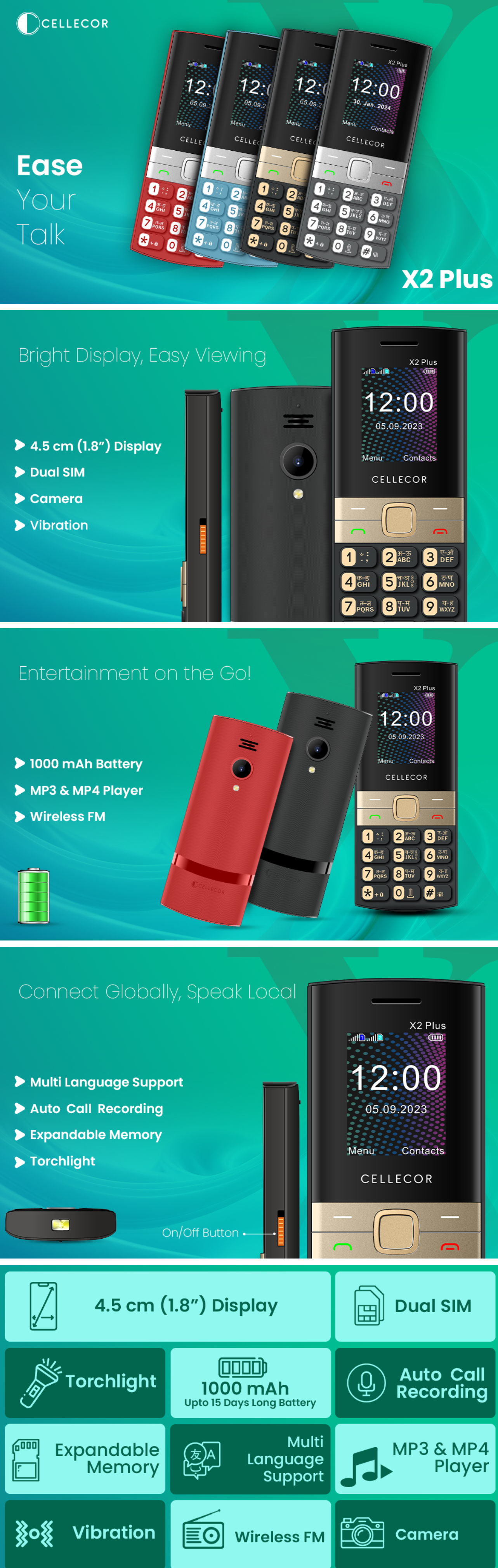 CELLECOR X2+ Dual Sim Feature Phone with 1000 mAH with Torch Light, Wirelss FM and Rear Camera (CELLX2PLUS)