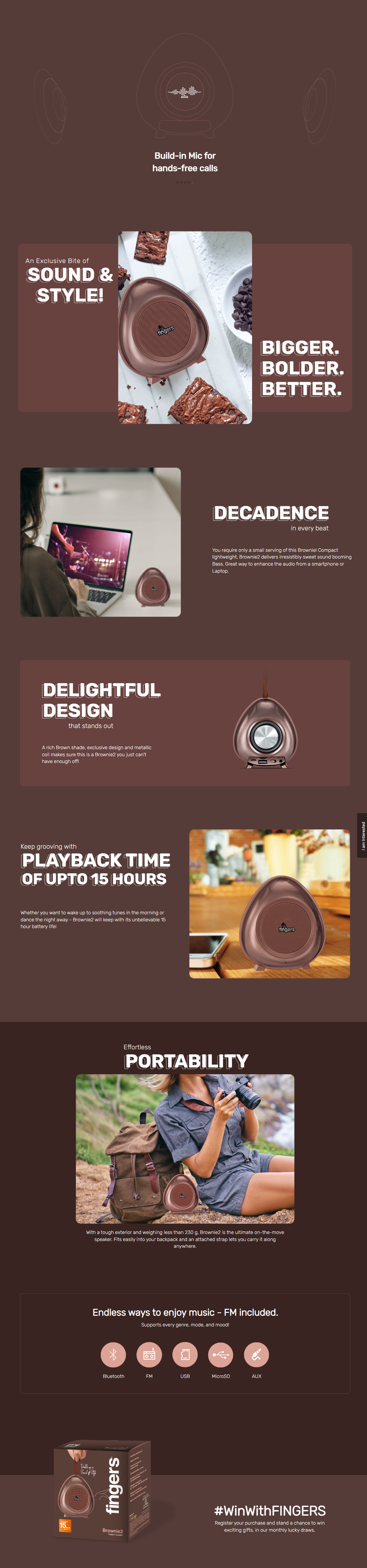 Fingers Brownie2 5W Portable Bluetooth Speaker (15 Hours Playtime, FINGPSBROWNIE2, Choco Brown)