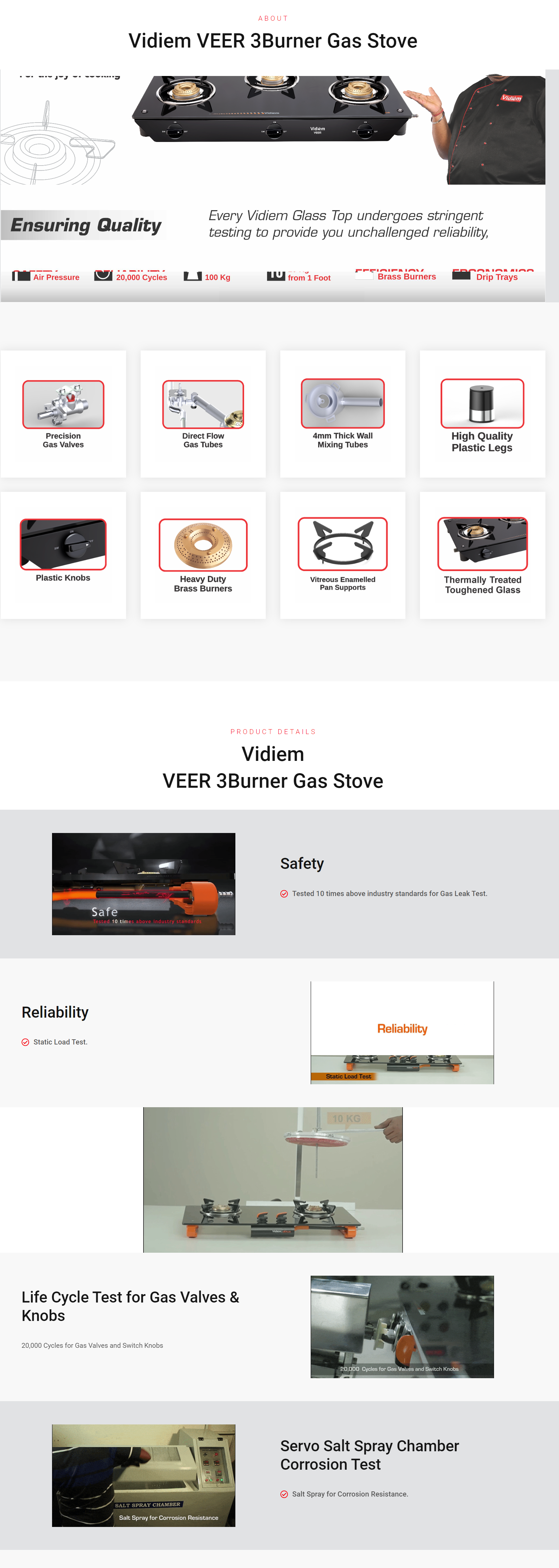 Vidiem Veer 3 Burner Glass Top Gas Stove (VIDIEMVEER3B)