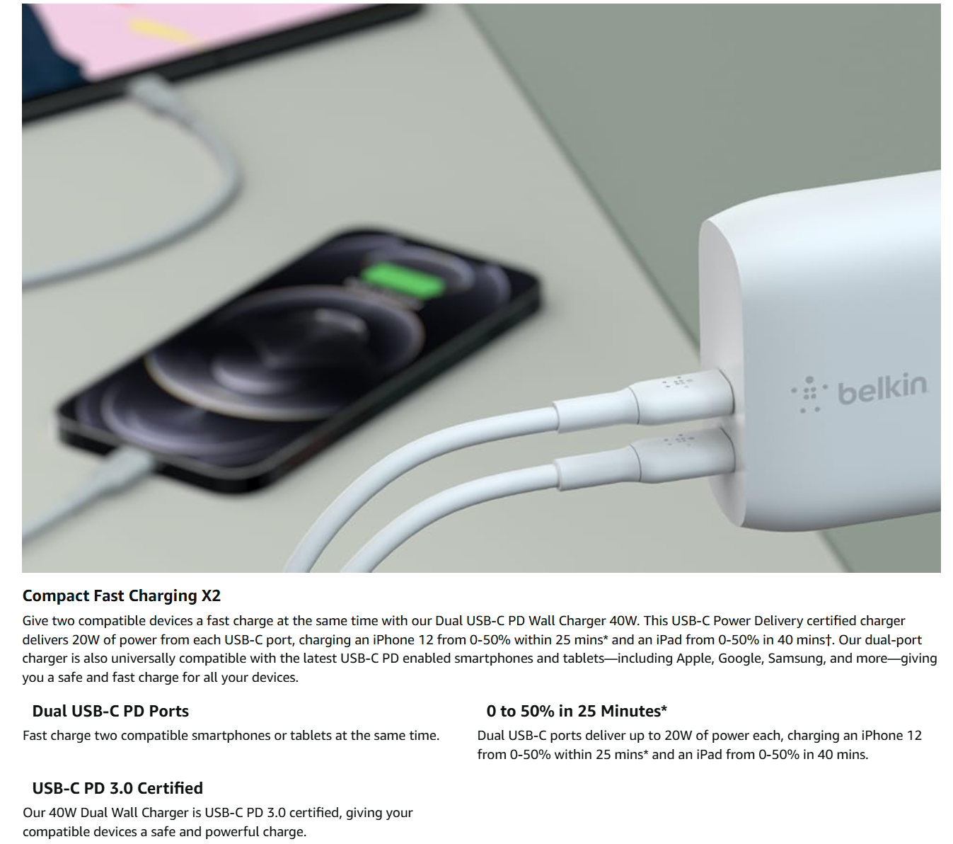 Belkin Fast Charging,Universally Compatible Dual port USB-C 40W Charger (BELWA40WDUALUSBC)