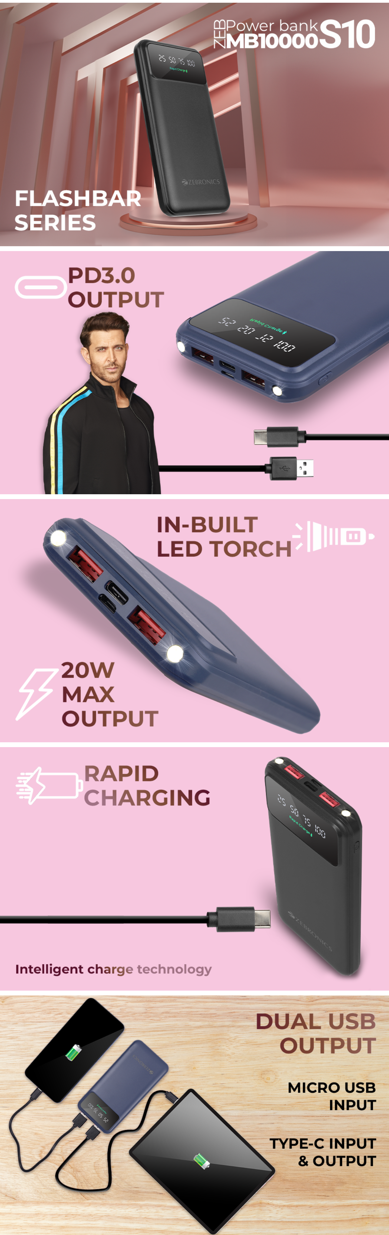 ZEBRONICS 10000 mAh Power Bank (20 W, Fast Charging) (ZEBA223MB10000S10)