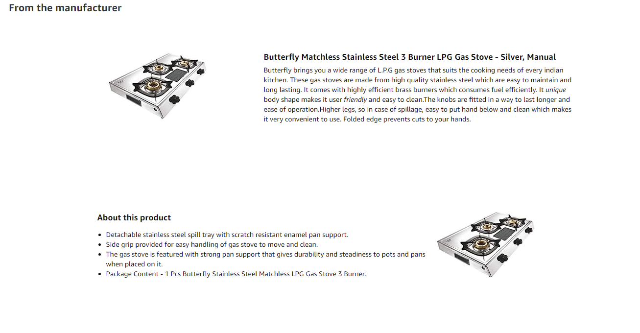 Butterfly Stainless Steel Matchless LPG Gas Stove 3 Burner (3BMATCHLESS)