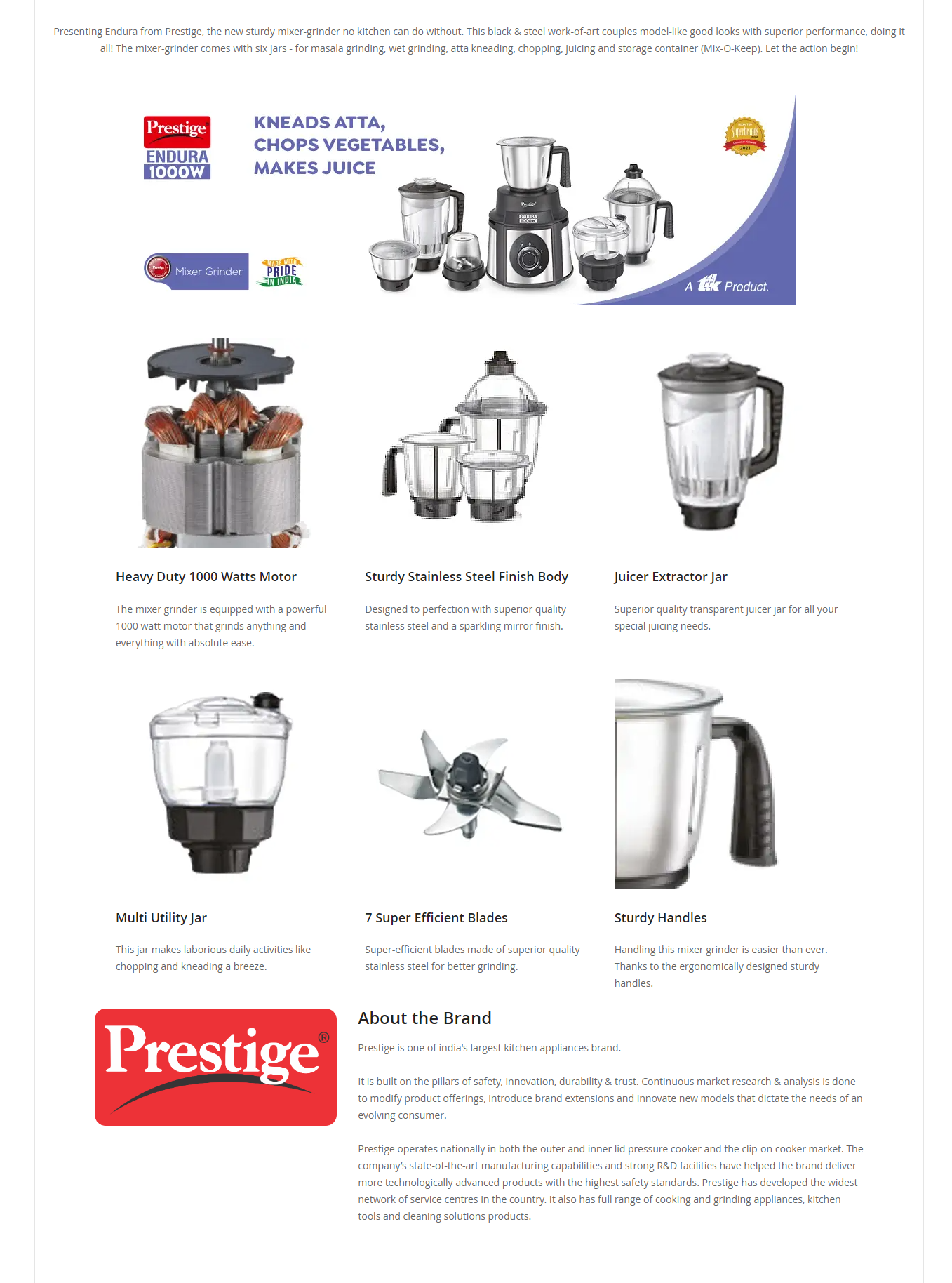 Prestige Endura 1000W Mixer Grinder, 6 Jars (1500 ml, 1000 ml, 1500 ml, 450 ml) (Black, Silver, ENDURA6JAR1000W)