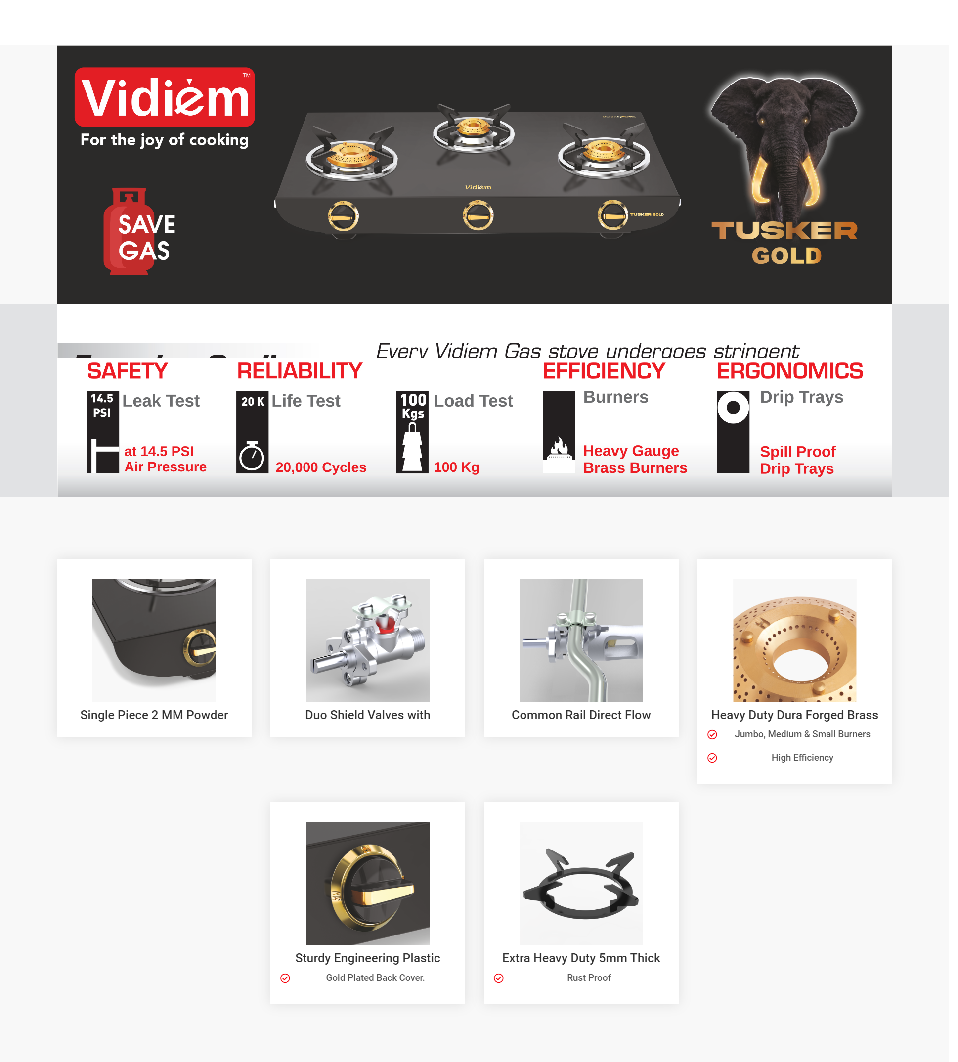 Vidiem Tusker 3 Burner  Gas Stove (VIDIEMTUSKERGOLD3B )