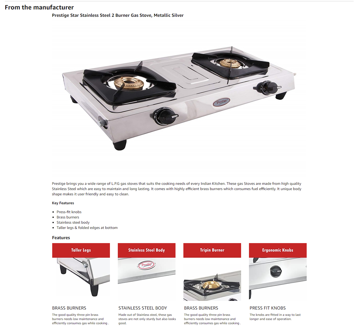 Prestige Star Stainless Steel Manual Gas Stove 2B (LPGSTAR)