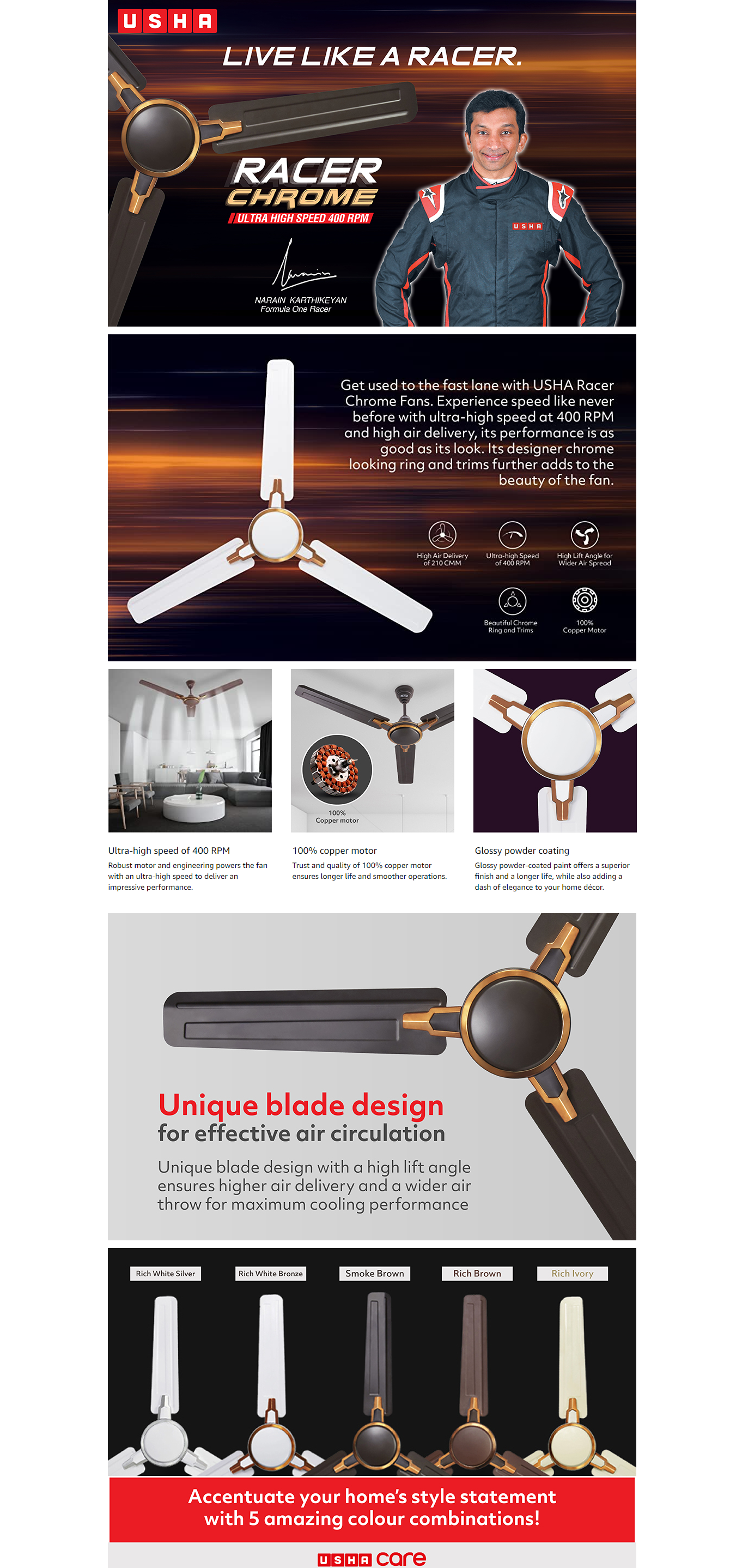 Usha Racer Chrome 1200 mm Ultra High Speed 3 Blade Ceiling Fan (48RACERCHROME1S)