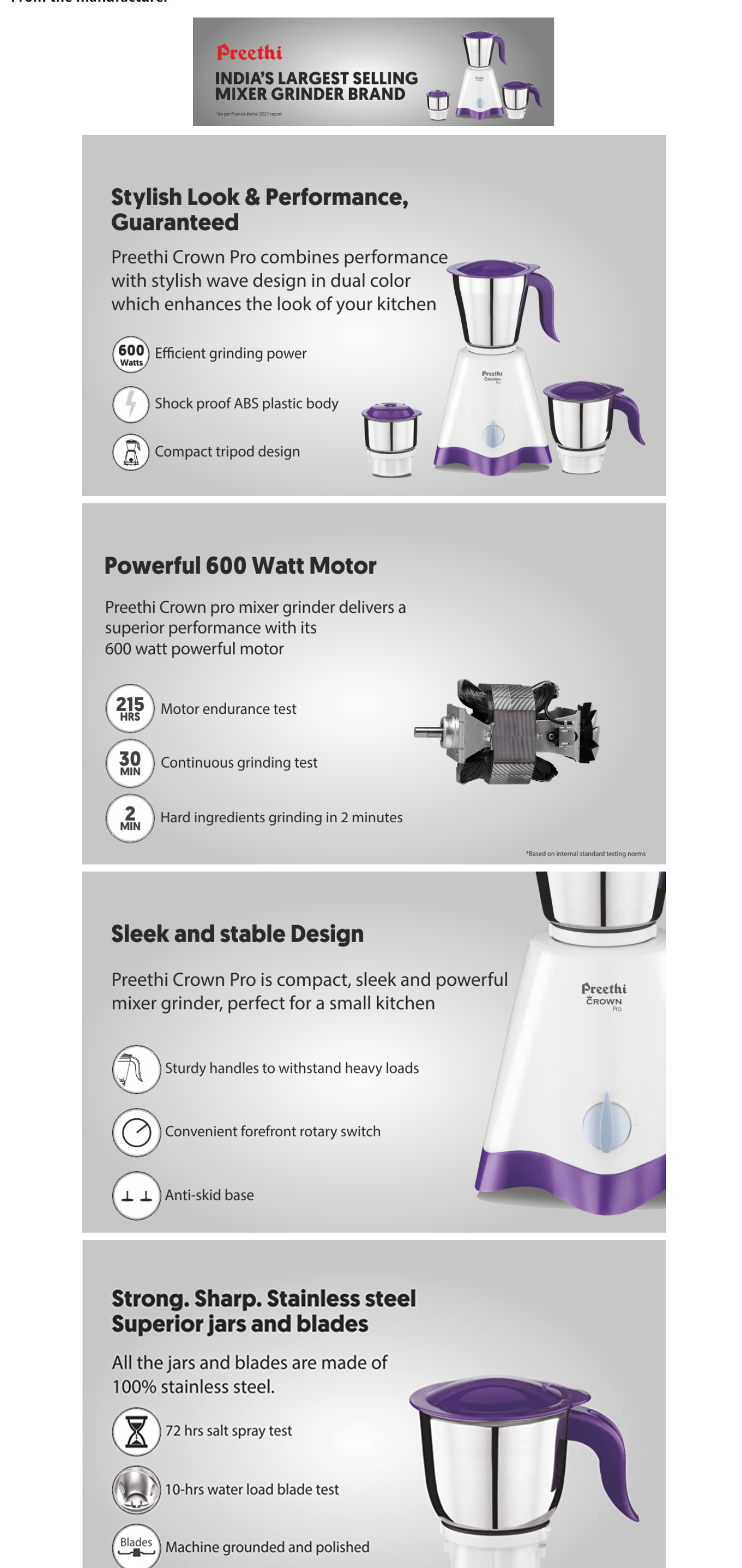 Preethi Crown Pro MG-254 600 Mixer Grinder (3 Jars, White/Purple) (CROWNPRO600W)