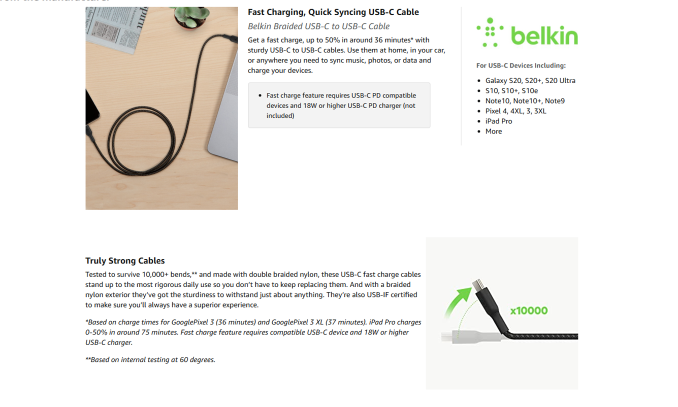 Belkin USB-C Braided 3.3 Feet (1 Meter) Fast charging Type C (BELUSBC60W1M)