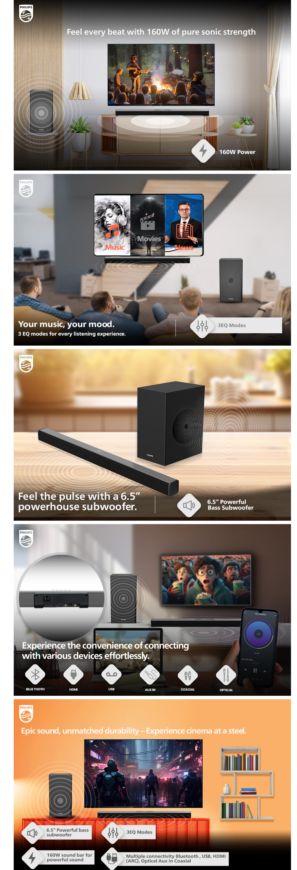 Philips Audio 2.1Ch 160W Bluetooth Soundbar with Rich Bass (Black, TAB4228)